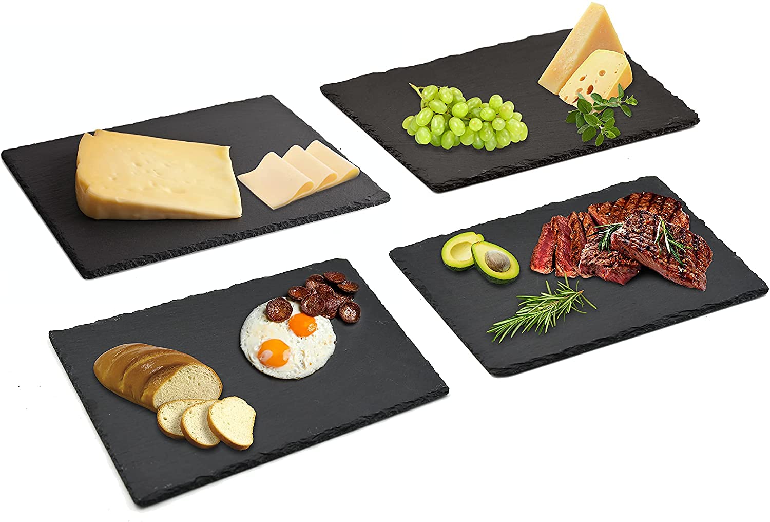 Lushh Natural Stone Rock Slate Plates Black Gourmet Serving Platter,Cutting Board,Cheese Board,Charcuterie Boards for Cheese, Meats, Appetizers, Dried Fruits- Display Chalkboard, 4Pcs Pack 30x20cm