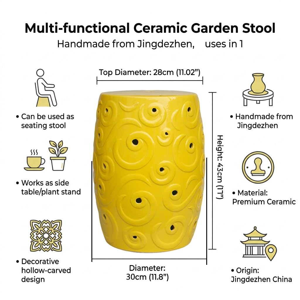Taburete jardín cerámico Redondo Moderno, Mesa Auxiliar Decorativa esmaltada, Mesa Lateral Tambor, Soporte Plantas, Asiento Extra para Patio Porche Dormitorio salón(Red1)