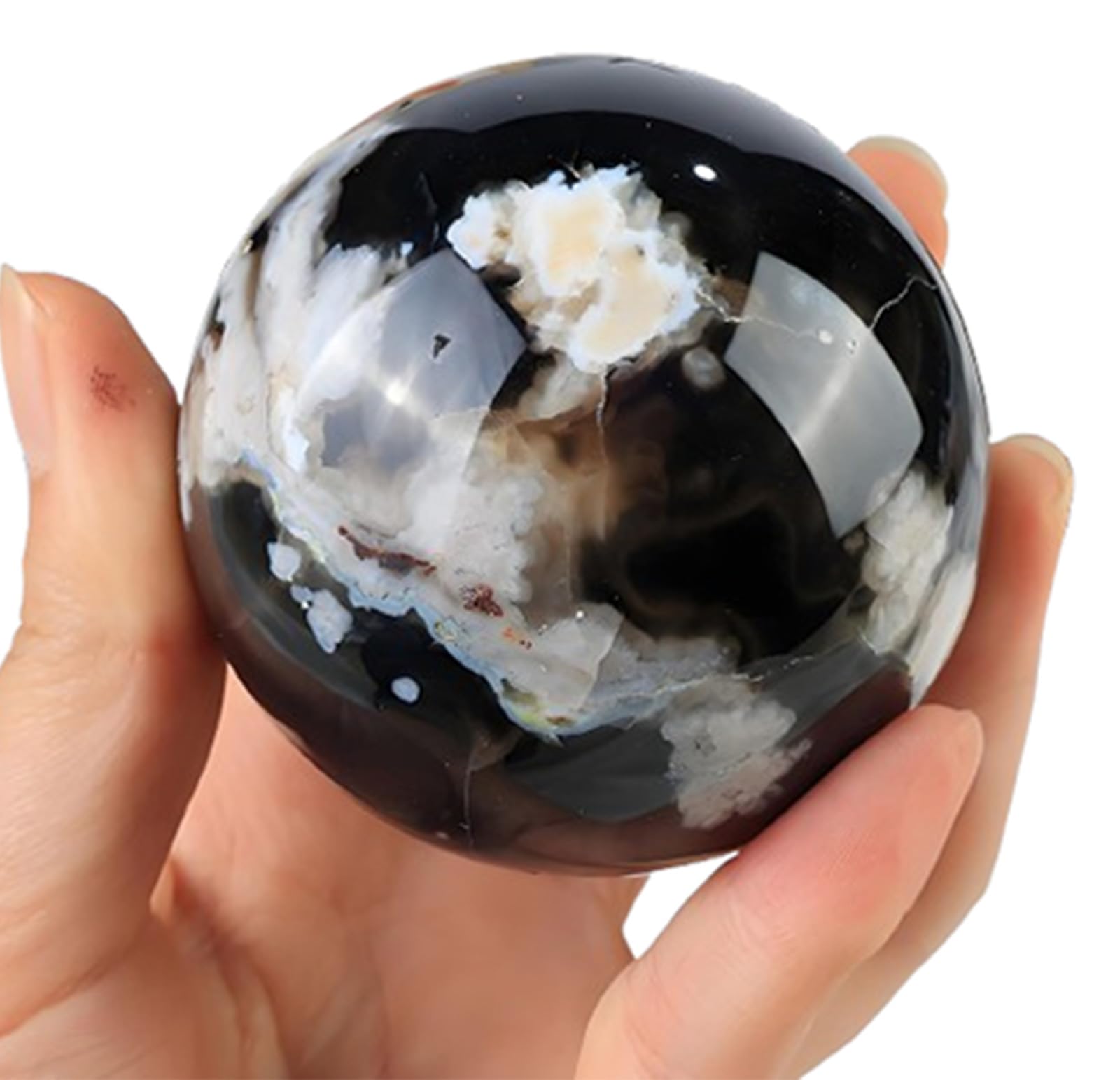 XGINERFEX Polished Black Agate Sphere Crystal Ball with Wooden Stand Gemstones Balls for Modern Decoration Spiritual,70~80mm Gemstone Stone