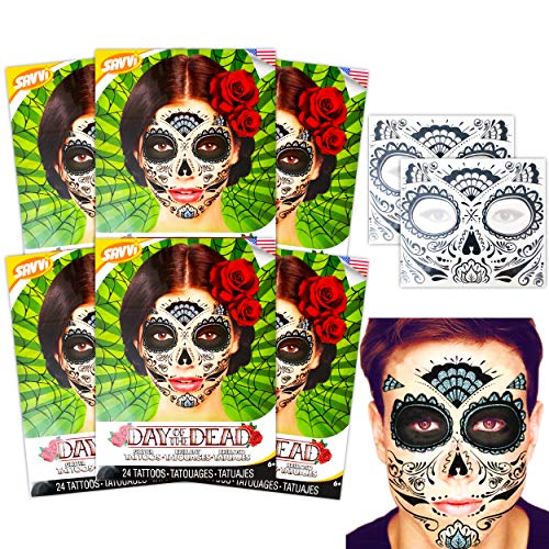 Day of The Dead Costume Accessories Temporary Tattoos for Parties ~ Set of 12 Halloween Sugar Skull Face Tattoo Kit, Glitter Web Design