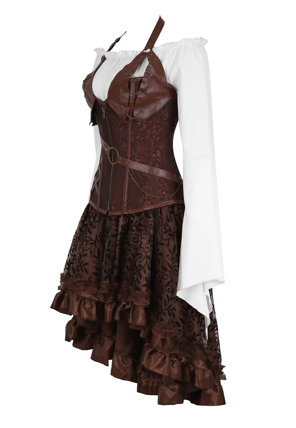 Hengzhifeng Corsetto Pelle Steampunk con Camicia e Gonne Tulle