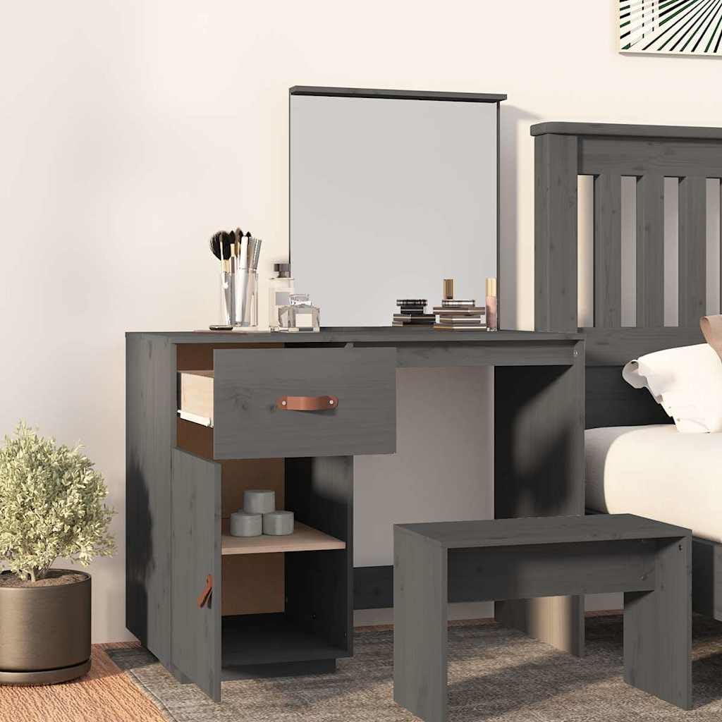 Schminktisch Grau 95x50x134 cm Massivholz Kiefer mit Spiegel Schublade 2 Fächer Schminkkommode Stauraum für Schlafzimmer Frisiertisch Make-up
