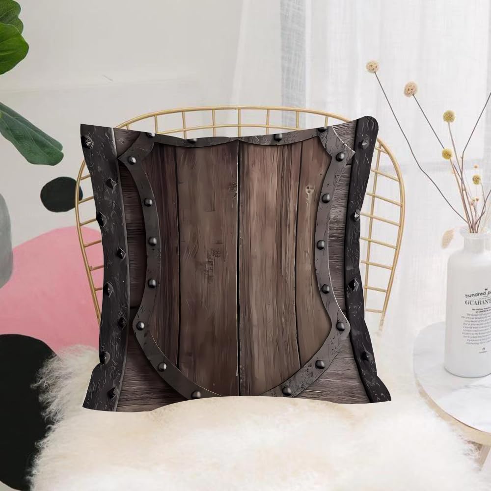 HYMSXW Cushion Cover,Throw Pillow Case Home Decorative for Living Room Bedroom Sofa Chair 20X20 Inch,Wooden,Retro defensive shield made of wood and iron, with rusty iron edges,Pillowcase 50X50cm