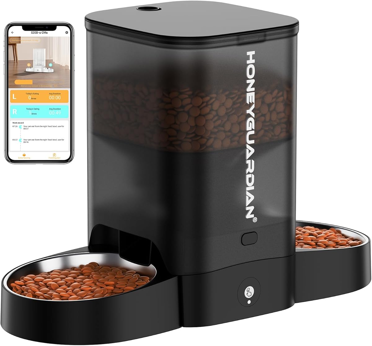 HoneyGuaridan Futterautomat Katze 2 Näpfe mit Bewegungssensor, 2.4G WiFi Intelligenter Katzen Futterautomaten für Fernfütterung, 3.5L Programmierbar Automatischer Futterspender für Katzen & Hunde