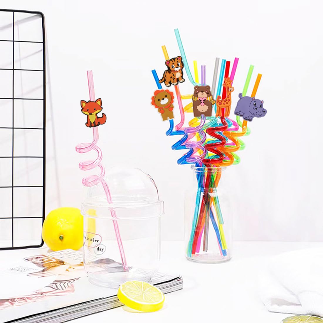Pajitas para niños, 10 unidades, reutilizables, animales de la selva con cepillo de paja, pajitas de cumpleaños infantiles, pajitas de plástico coloridas como suministros de fiesta para cumpleaños
