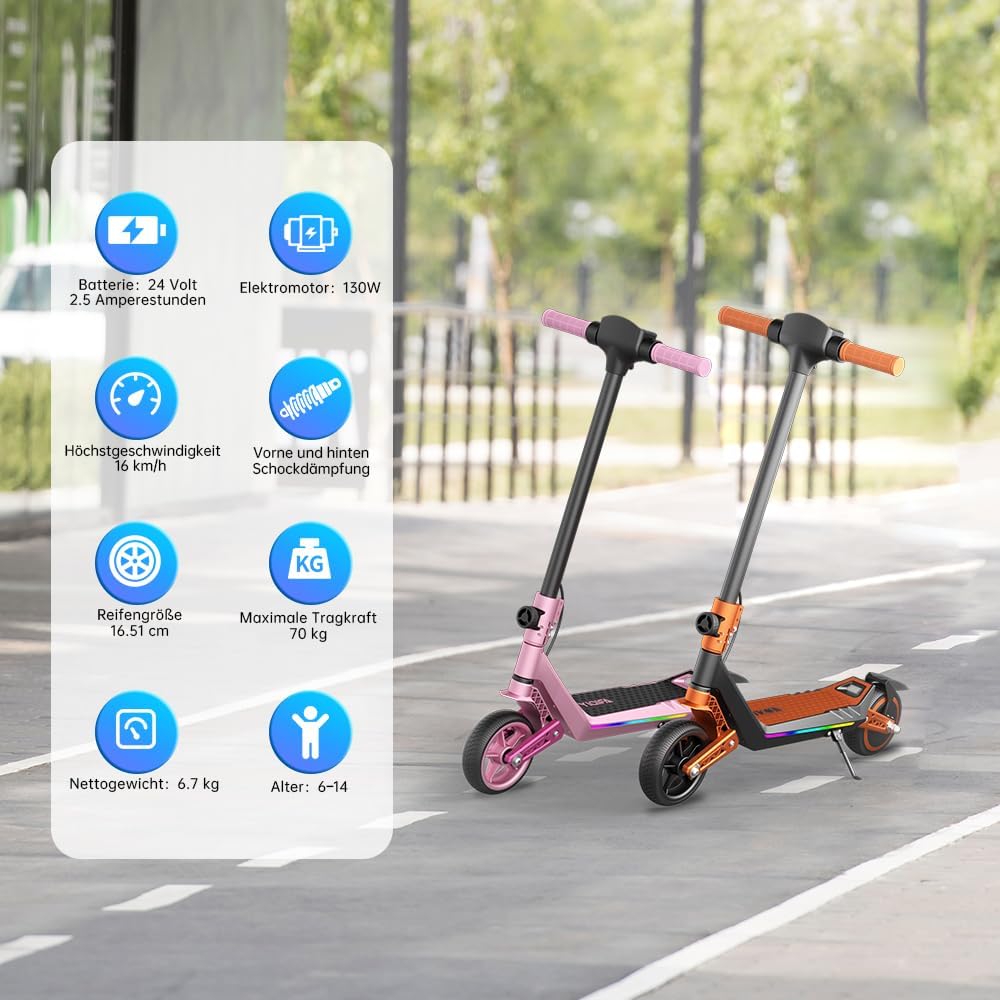 Monopattino Elettrico per Ragazzi U8 Fuoristrada - Doppia Sospensione - 16km/h Max, 10km Autonomia - Pieghevole e Leggero (6.7kg) - Motore 110W - Per Bambini 8-16 Anni (Arancio)