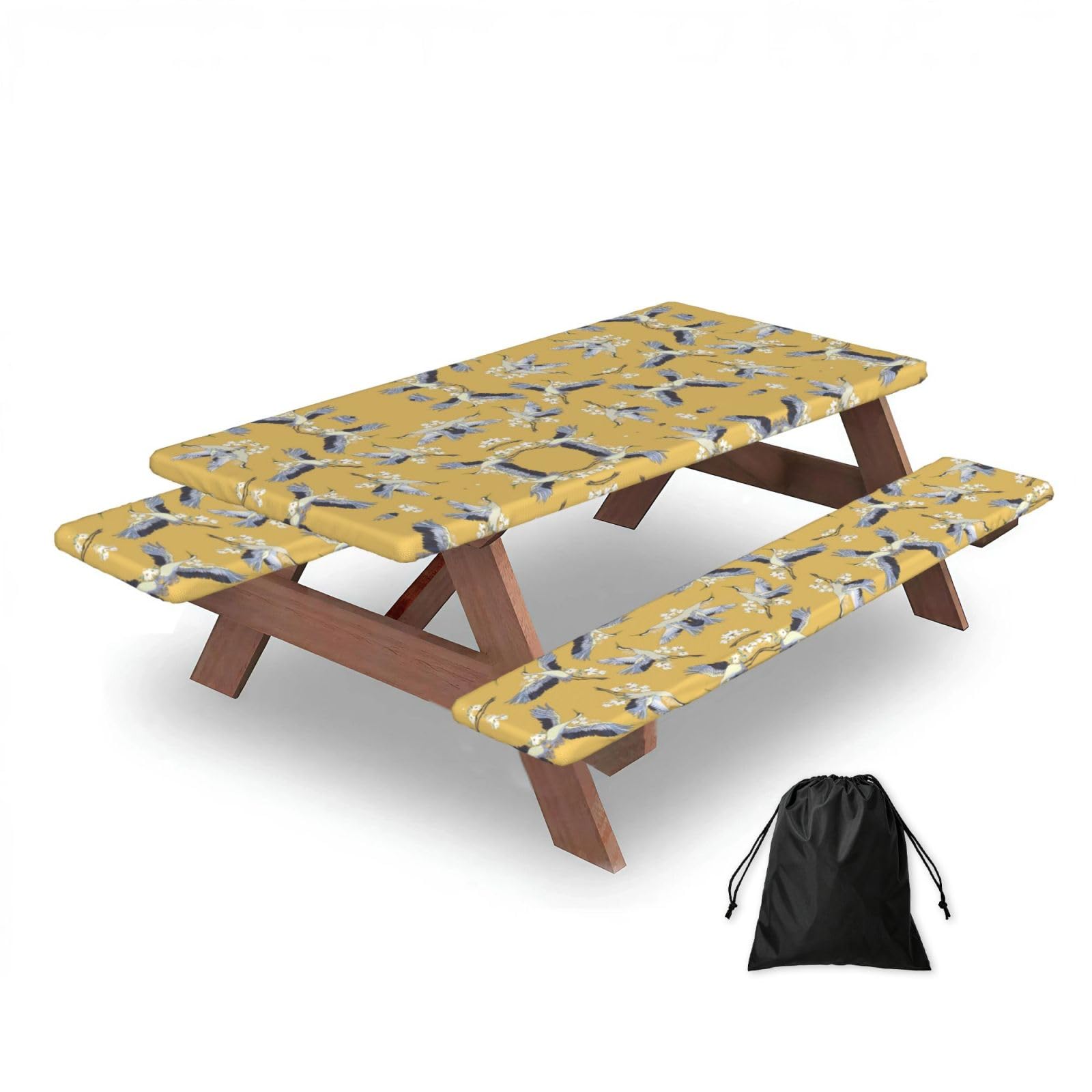 ESNAIUVCD Birds Print Picnic Table Cover With Bench Covers,Camping Essentials,Fitted Tablecloth Cover With Elastic Edge, For Indoor & Outdoor 3 Pcs