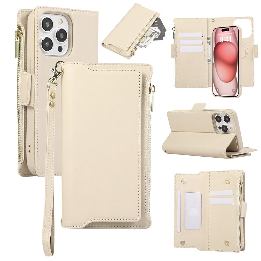 Coque arrière en cuir amovible magnétique iPhone 14 Pro Max blanc cassé antichoc - 8