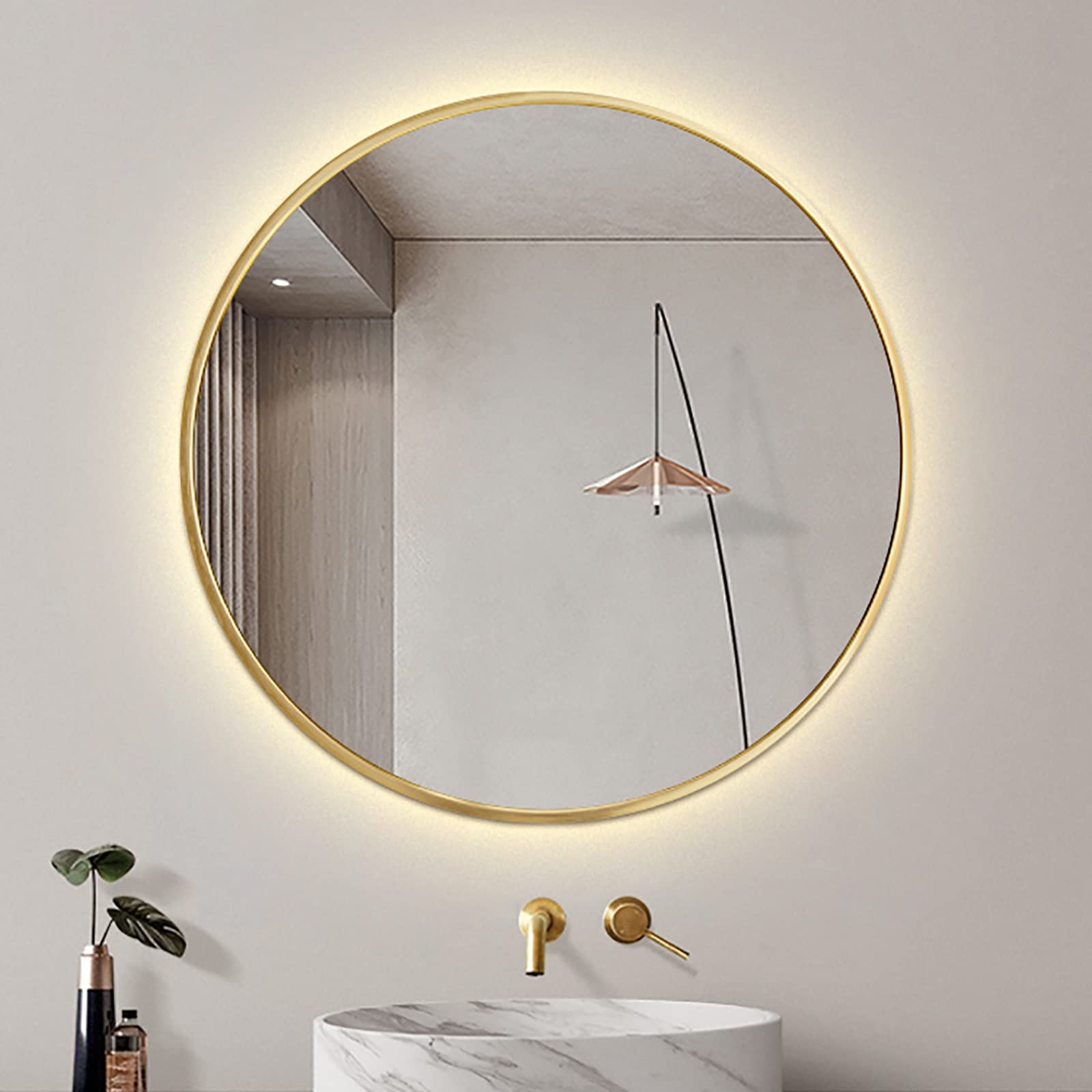 Specchio Espejo de baño LED con Marco Dorado, Espejo de maquillaje Redondo, CRI90+, irrompible, de pared, 500 x 500 mm, Luz Blanca, Elegante decoración de tocador.