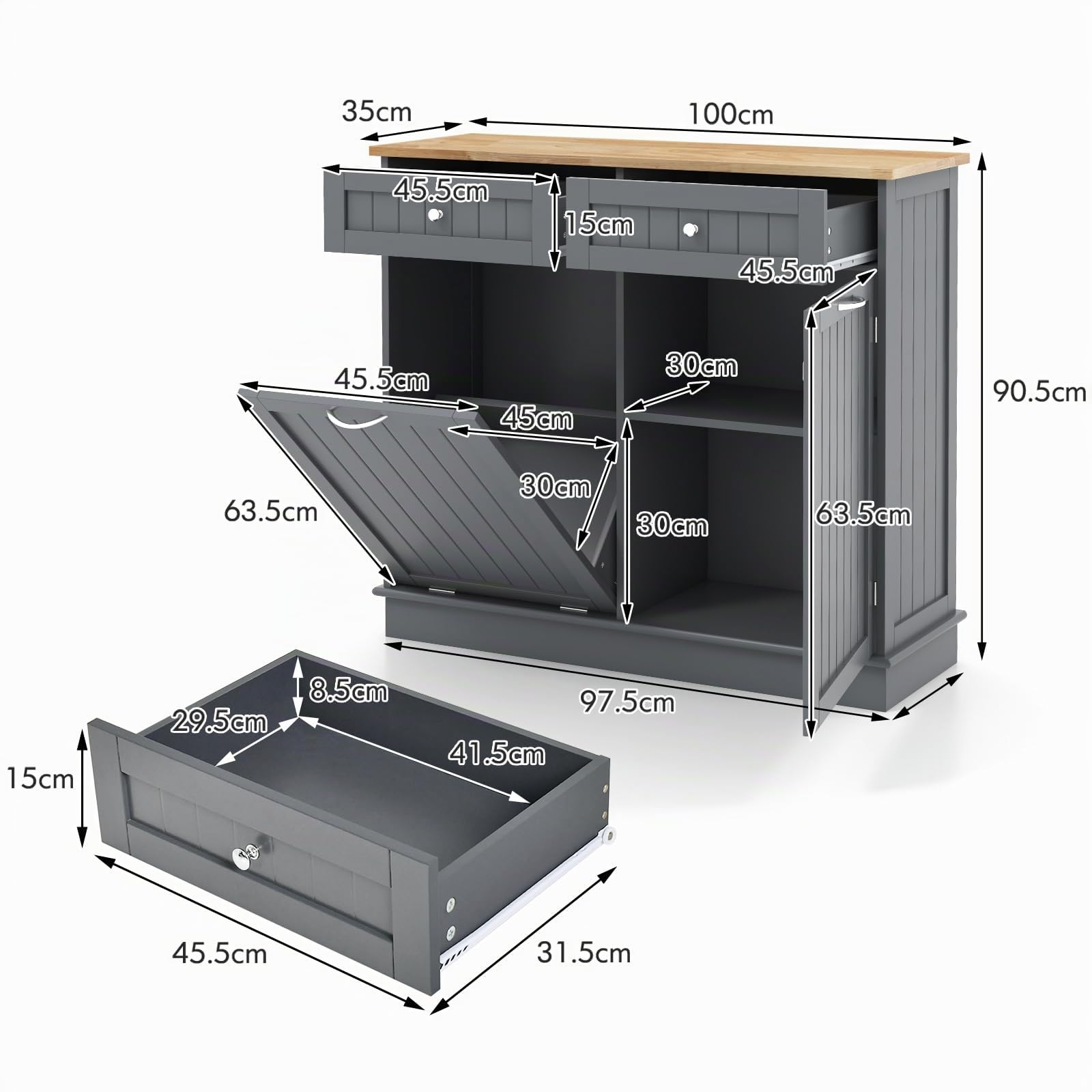 KOMFOTTEU Küchenschrank Abfallschrank mit Ausziehtür, Sideboard mit Halterung für Mülltonnen 42L, Mehrzweckschrank Holz mit 2 Schubladen, Küche Kommode 100x35x90,5cm (Grau)