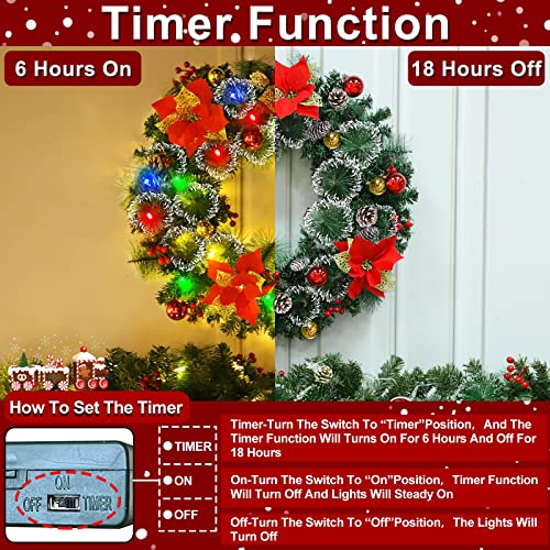 [Timer & Super Large Thick] 26 Inch Prelit Frosted Christmas Wreath Decoration With 80 Colorful Lights 8 Balls 4 Poinsettia 200 Tips 50 Berry 10 Pinecon Battery Operate Xmas Decor Front Door Outdoor #TOP4