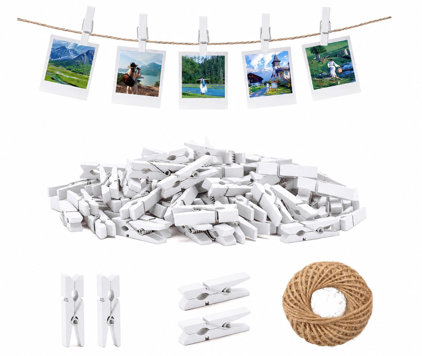 jijAcraft 1.4Inch Mini Clothes Pins - 100Pcs Wooden Clothespins with String