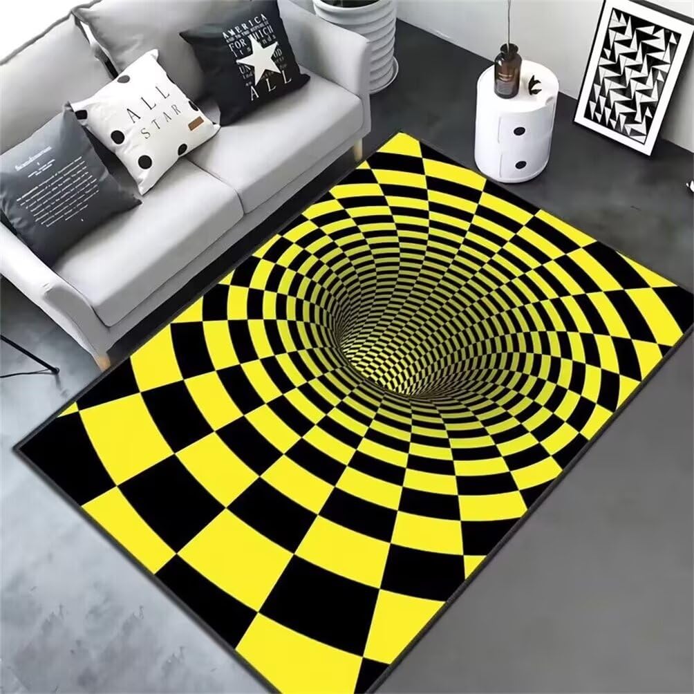 Tapis gamer sol noir moquette salon motif abstrait jaune 200x200cm