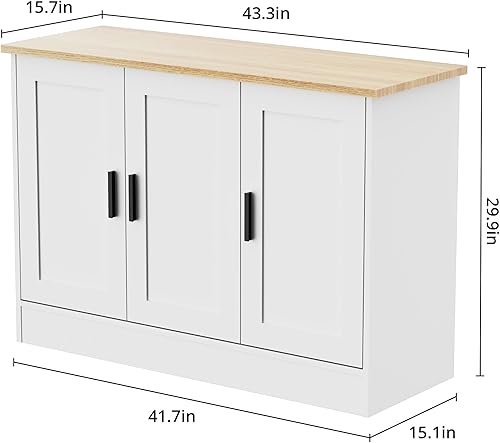 Miniatura 2 de Anystyle Armario de buffet blanco de 43 pulgadas con asas negras, pequeño aparador de cocina con 3 puertas y estantes ajustables, moderna mesa de