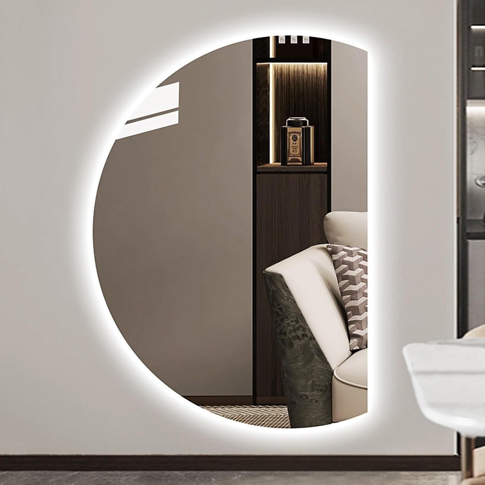 SXFSDOU Half Moon Frameless Wall Mirror 51x35in, Anti-Fog 3-Color Dimmable Vanity for Bathroom 47x32in, Explosion Proof HD Glass with Touch Switch(Right Cut,100x70cm/39x28in)