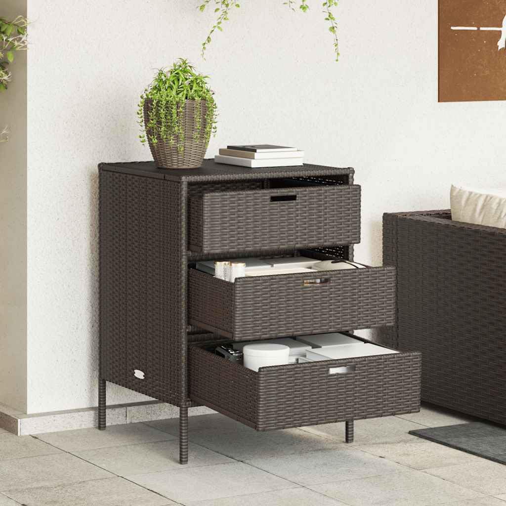 Gartenschrank Braun 55x59x80 cm Poly Rattan mit 3 Schubladen wetterfest stabil für Balkon Terrasse Outdoor, Stauraum für Kissen Auflagen Pool Zubehör und Gartenbox Organizer