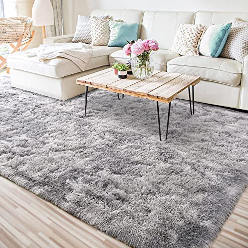 Iseau Super Soft Rugs For Bedroom Shaggy Area Rug, 3X5 Feet Tie-Dye Shaggy Area Rug Fluffy Rugs For Living Room, Non-Slip Abstract Fuzzy Rugs Dorm Shag Rugs For Girls Boys Kids Room, Light Grey #TOP5