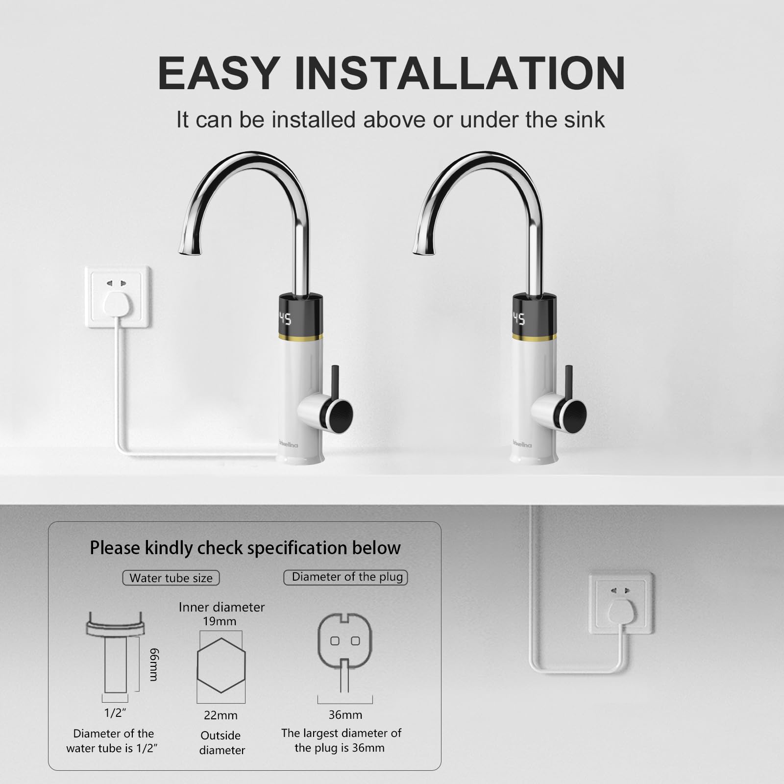 Instant Electric Hot Water Faucet, 220 V bezzbiornikowy elektryczny podgrzewacz wody, z wyświetlaczem cyfrowym (biały)