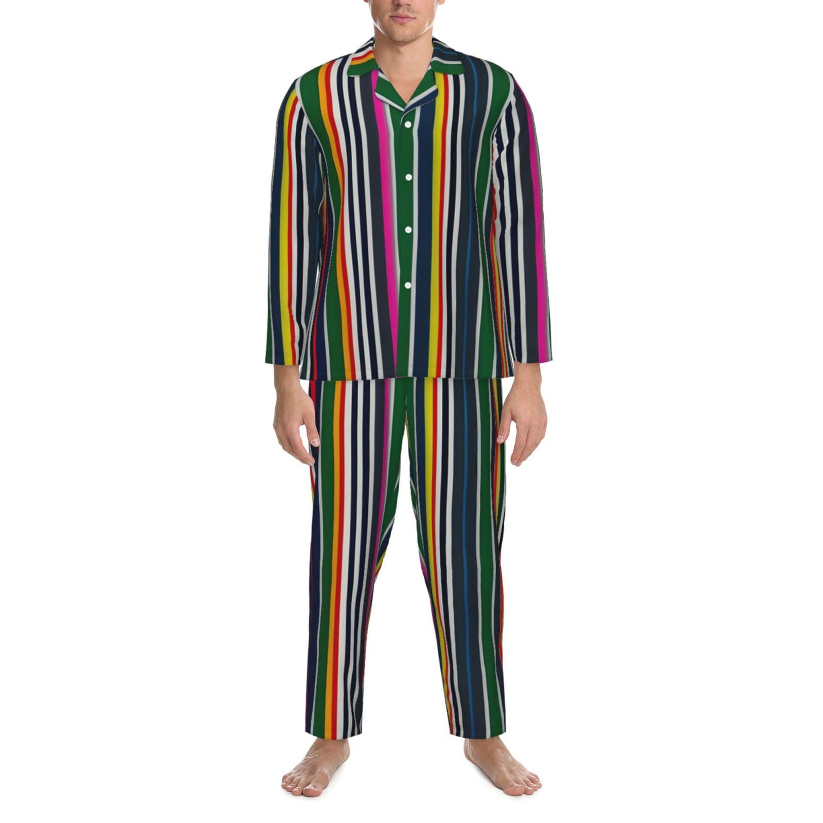 Pigiama a maniche lunghe da uomo con stampa a righe colorate Set di due pezzi traspirante accogliente Weekend Loungewear