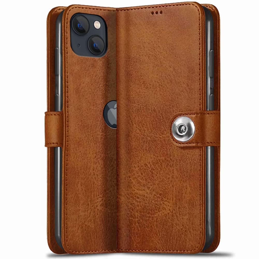 TheGiftKart Genuine Leather Finish Flip Back Cover Case for iPhone 13 | Inbuilt Pockets & Stand | Wallet Style | Designer Button Magnet Flip Cover Back Case for iPhone 13 (Brown) (B0BJQCCVF7) Amazon Price History, Amazon Price Tracker