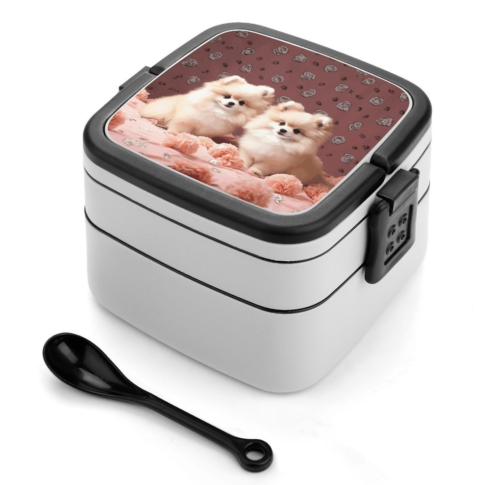 VstaDank Pomeranians Puppies And Point Bento Box Portable Adult Lunch Box with 2 Layer&Spoon Reusable Insulated Lunchbox Large Food Containers Leak Proof Lunch Containers for Work Camping Meal Prep