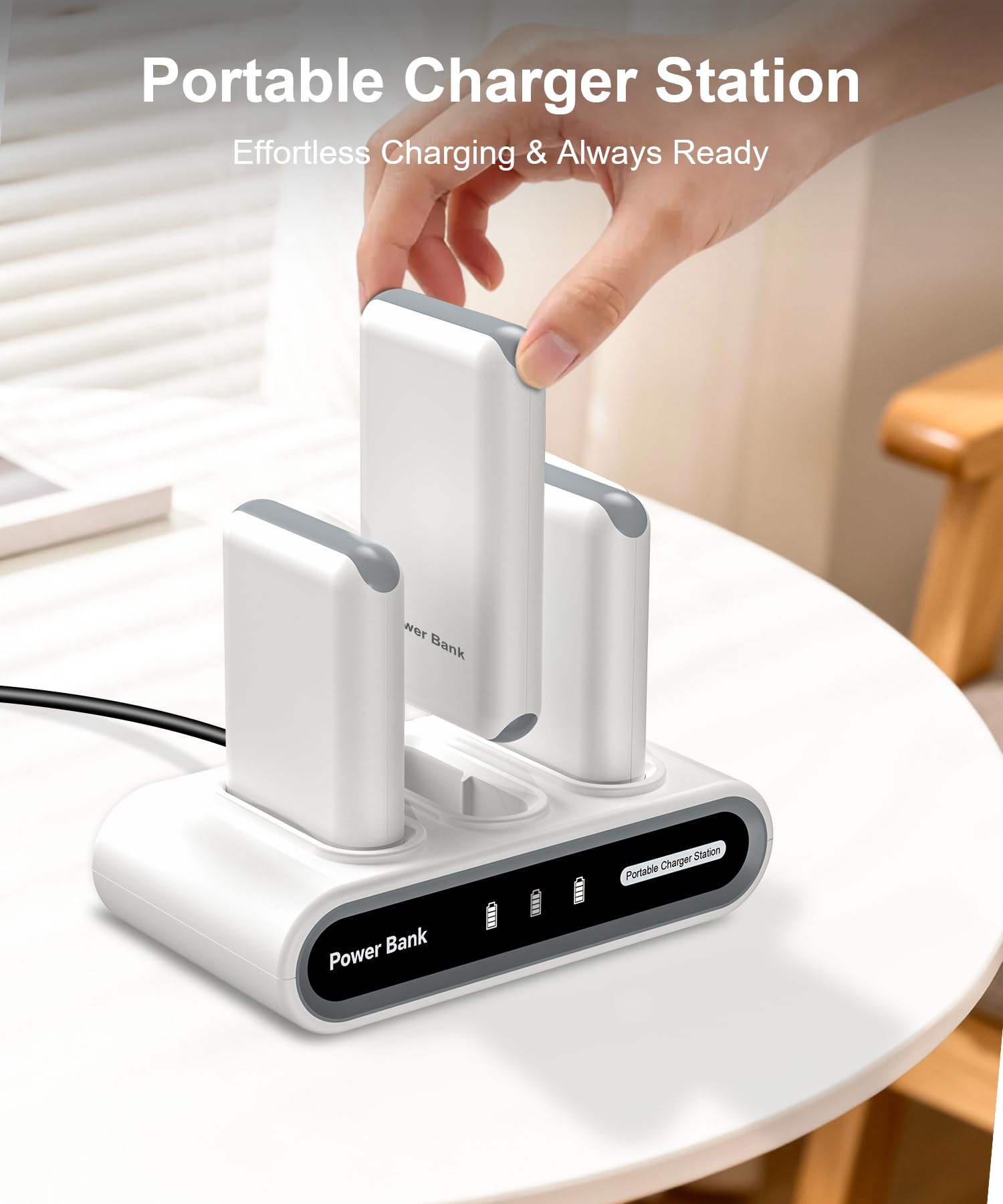 Powerbank mit Ladebasis, 3 Stück 9000mAh Powerbank Klein mit Kabel | USB-C Ausgang/Eingang für 9 Geräte Gleichzeitig und iPhone Samsung, Ladestation für Familien, Zuhause, Büro, Camping