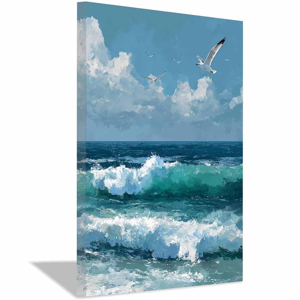 HOQIU Natural scenery wall art Seagulls Ocean Waves s decorative painting, wall art, for Living Room Bathroom Bedroom Kitchen Decoration.(Multicolor)-60x80cm Framed