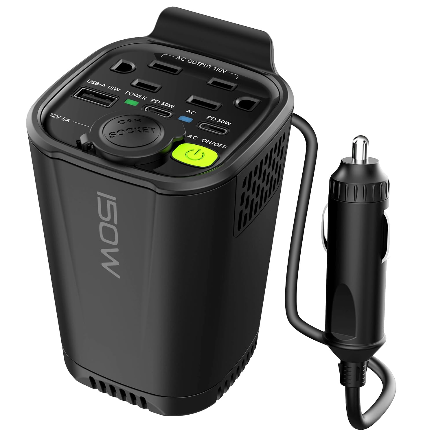 YIXXI 150W Car Power Inverter Cup Holder DC 12V to 110V Car Plug Adapter Outlet Converter for Vehicles with 2 AC Outlets,1 USB /2 Type C Charging Ports,1 Cigarette Lighter Socket for Laptop Computer