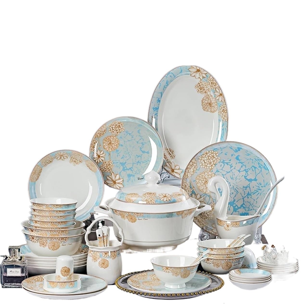 Zestaw naczyń ceramicznych, obejmujący miseczki na jedzenie, desery, sztućce, miski do ryżu, miski do sałatki i przybory kuchenne, 60 elementów.,60pcs-