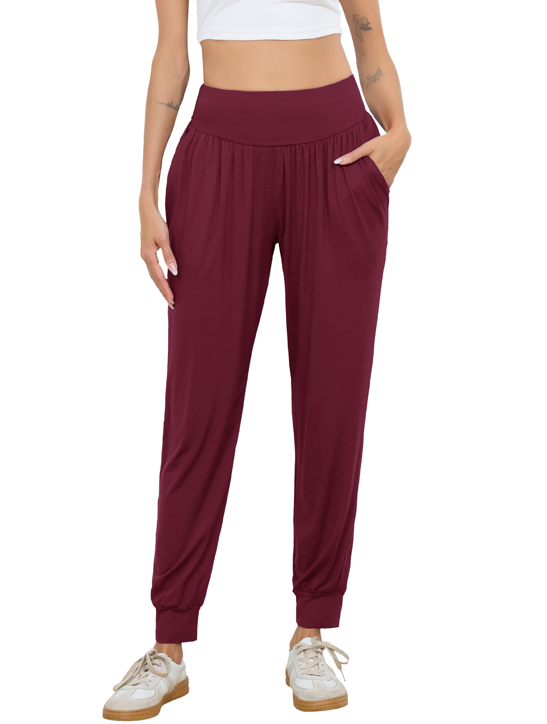 Vlazom Damen Yogahose Lang Modal Sporthose Einfarbig mit Hoher Taille Haremshose Pumphose Jogginghose Freizeithose Pilates Hose für Damen