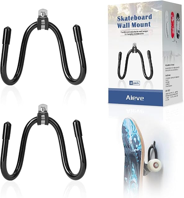AIEVE Skateboard Wall Mount, 2 Pack Skateboard Hooks Hanger Skateboard Storage Rack with Screws, Wall Bracket Hooks Storage Display for Skateboards, Guitar, Headphones, VR Headset