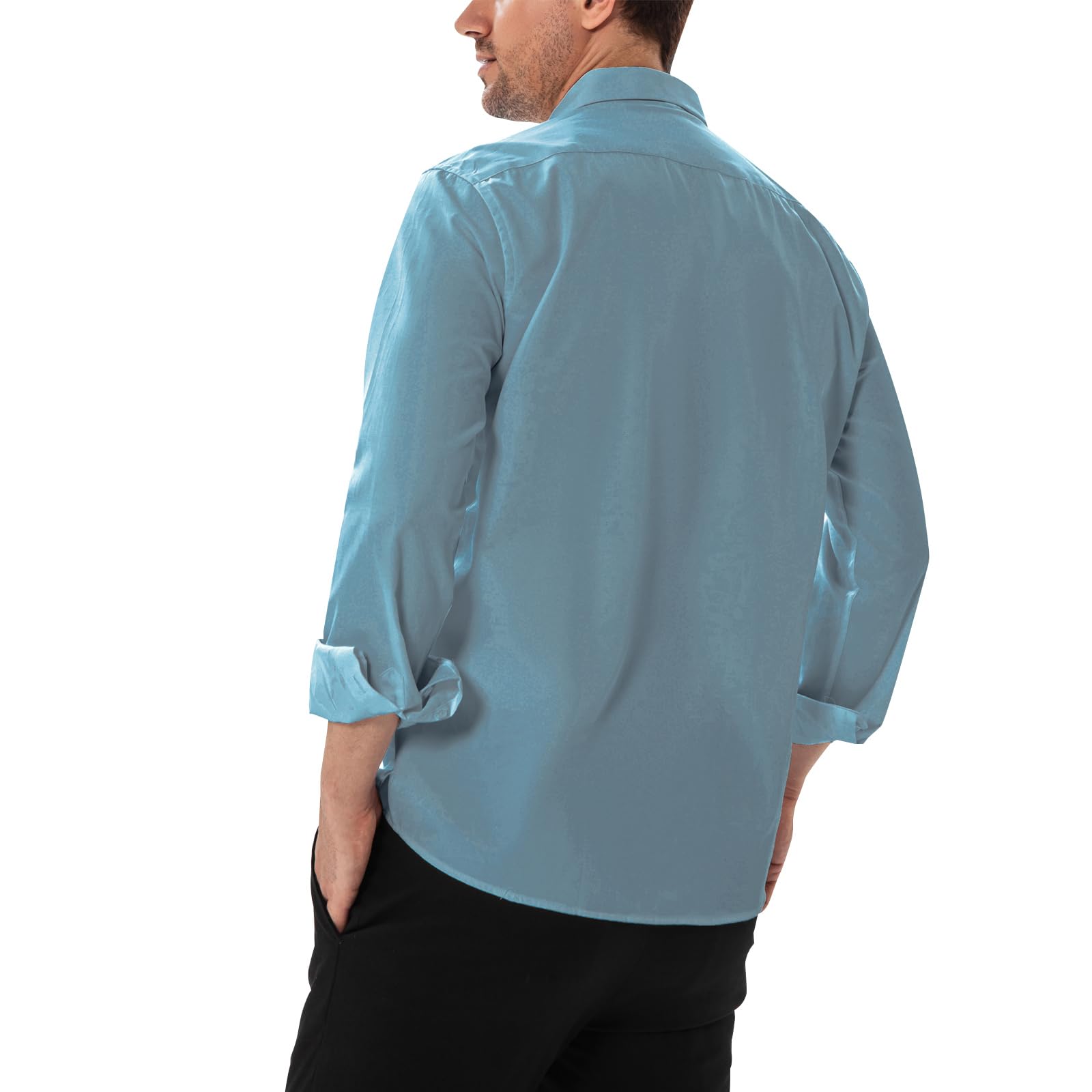 SIR7 Camisa de vestir elástica para hombre, de color liso, microelástica, manga larga, casual, suave, con botones