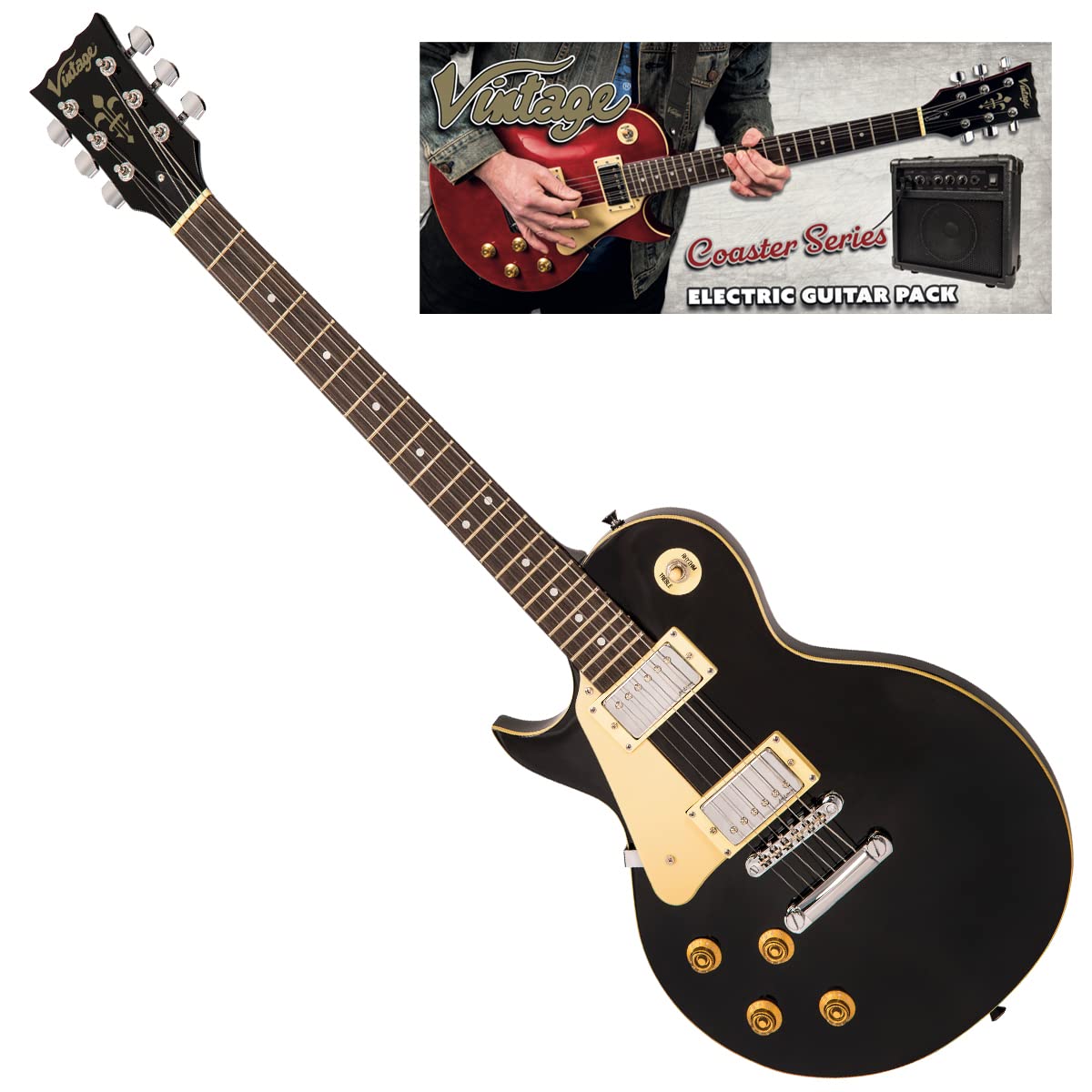 VINTAGE V10 COASTER LEFT HANDED ELECTRIC GUITAR PACK - GLOSS BLACK