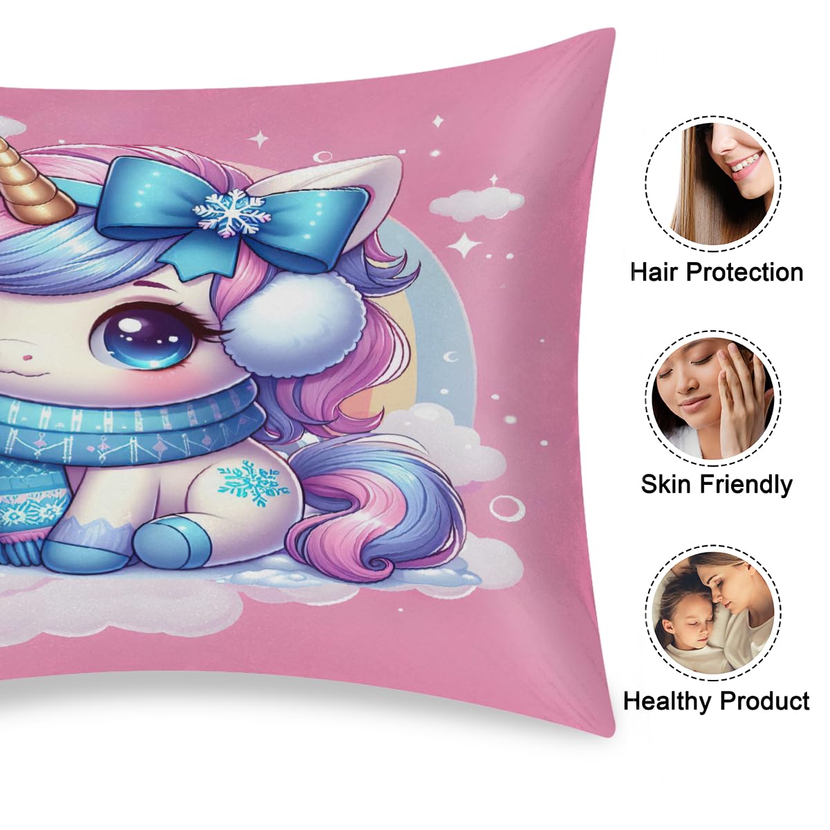 Envelope Closure Satin Pillow Cases for Hair and Skin Queen Size Silk Rainbow Unicorns Cute Pillowcase Soft Lightweight Cooling Pillow Cover for Sleeping Women Men Kids 20 * 30in-1Pack