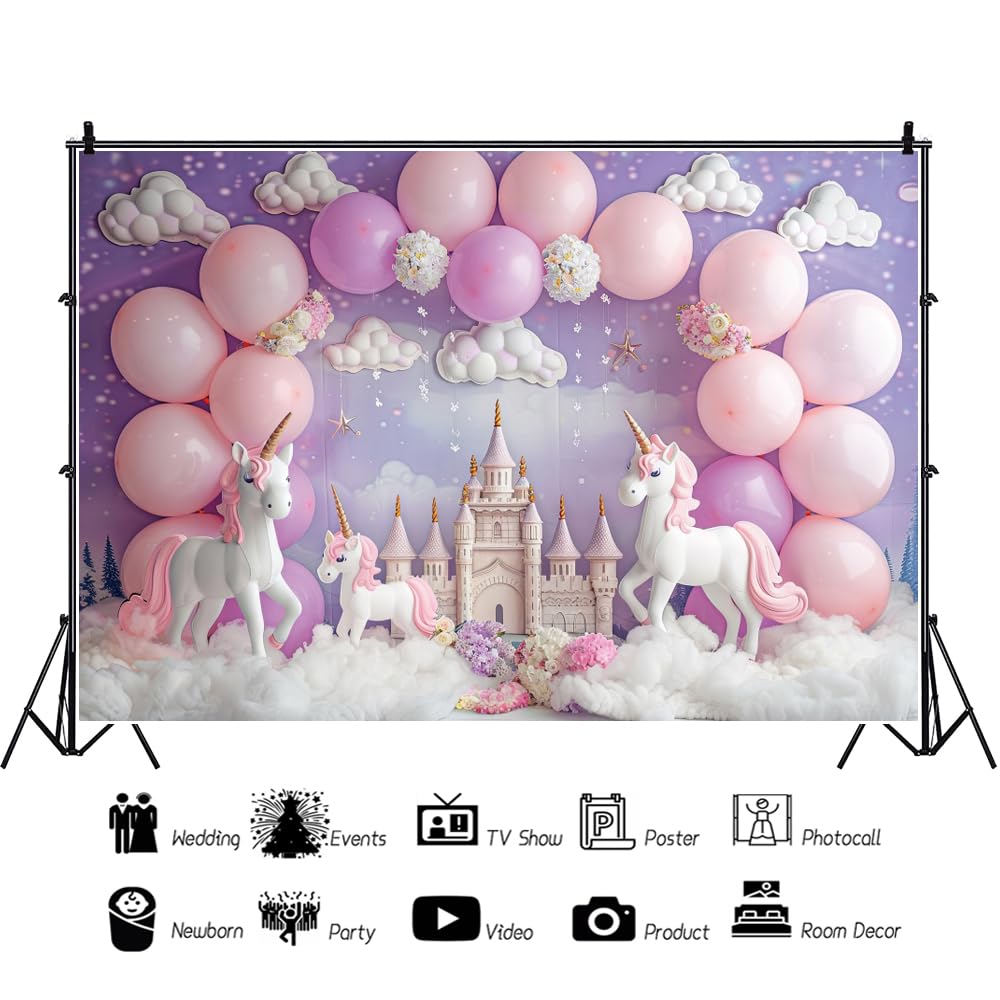 6x3m Unicorno Compleanno Sfondo Castello Rosa Viola Palloncino Ragazza Bambino Doccia Fotografia Sfondo Bianco Cotone Nuvola Fiore Neonato Festa di Compleanno Decorazioni Banner
