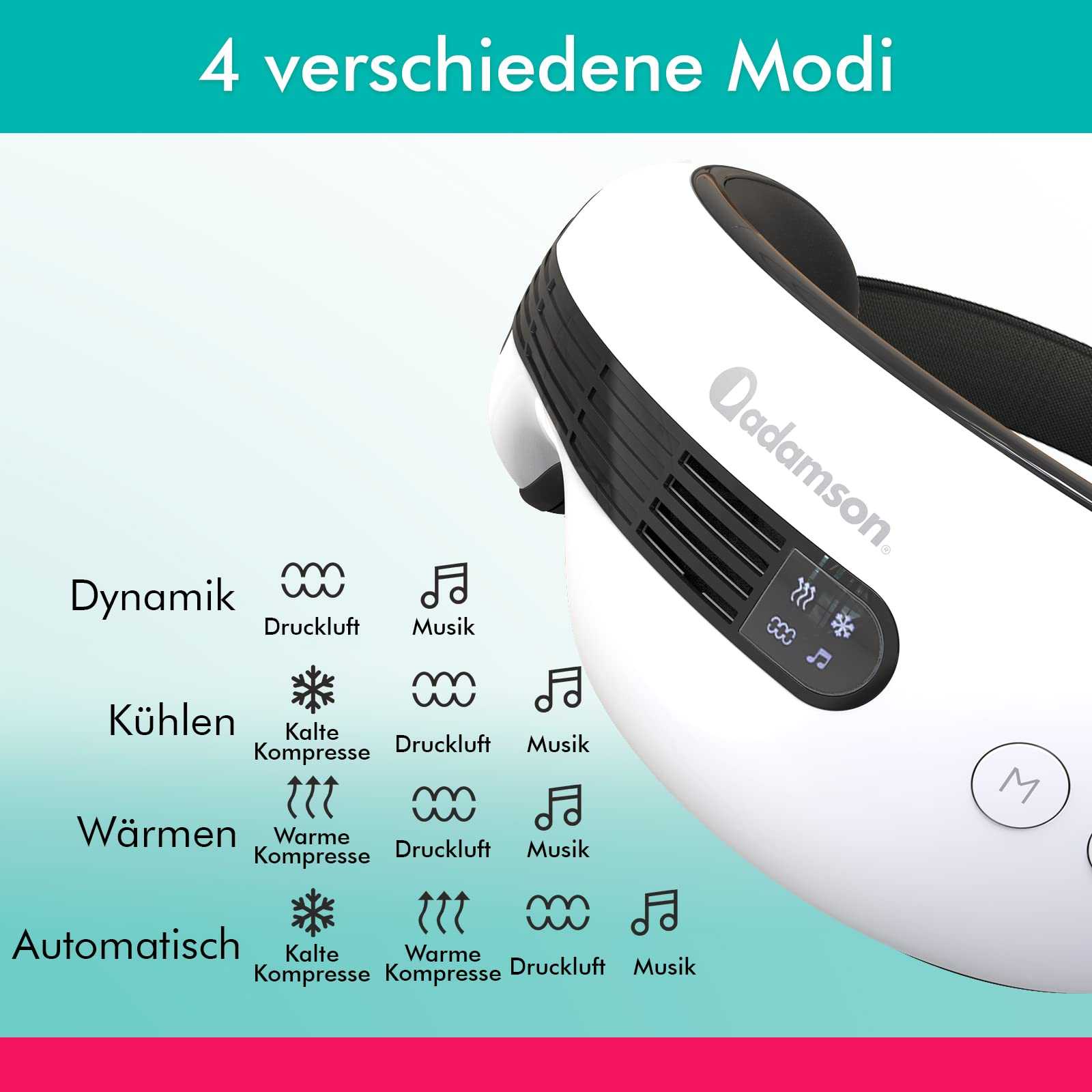 A80 Augen Massagegerät mit 4 Modi, Bluetooth Musik gegen Migräne | Wärme- und Kühlfunktion mit Shiatsu Akupressur sowie verstellbarem Riemen, Weiß