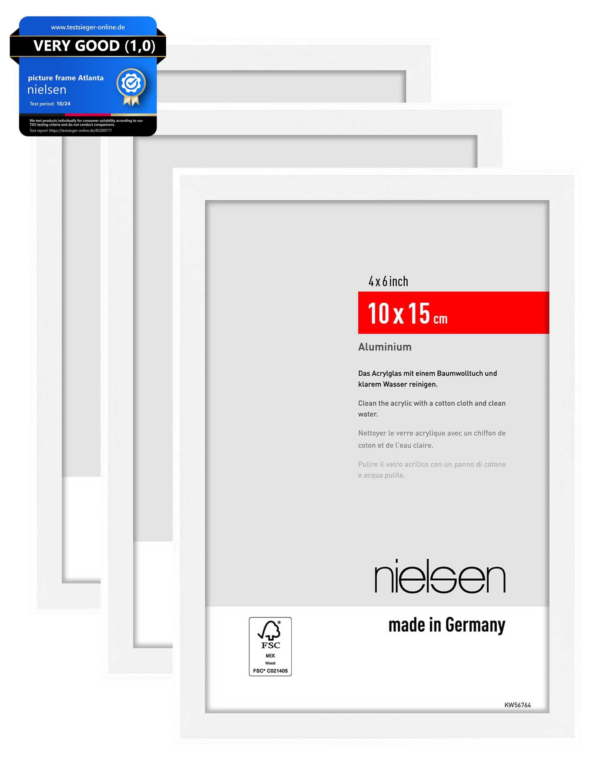 Nielsen Matt White Atlanta Aluminium Picture Frame - 4X6in, 10X15cm (Pack Of 3) - With Synthetic Glass And Push-Turn Clips