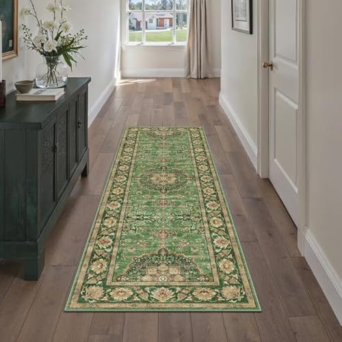 PureCozy Washable Runner Rug 2x6 for Hallway Green Vintage Long Carpet Soft Low Pile Non Slip Throw Rug Floral Distressed Accent Rug for Entryway Bathroom Office Laundry Dining Room 2' x 6'