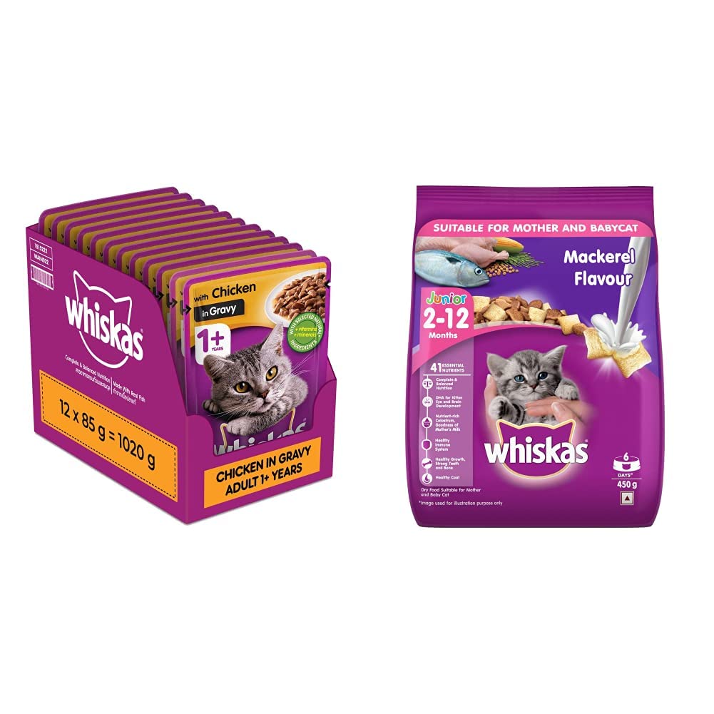 whiskas Adult Wet Cat Food, Chicken in Gravy, 12 Pouches (12 x 85g), Brown & Whiskas Kitten (2-12 Months) Dry Cat Food, Mackerel Flavour, 450g Pack (B0B8ZFHRMP) Amazon Price History, Amazon Price Tracker