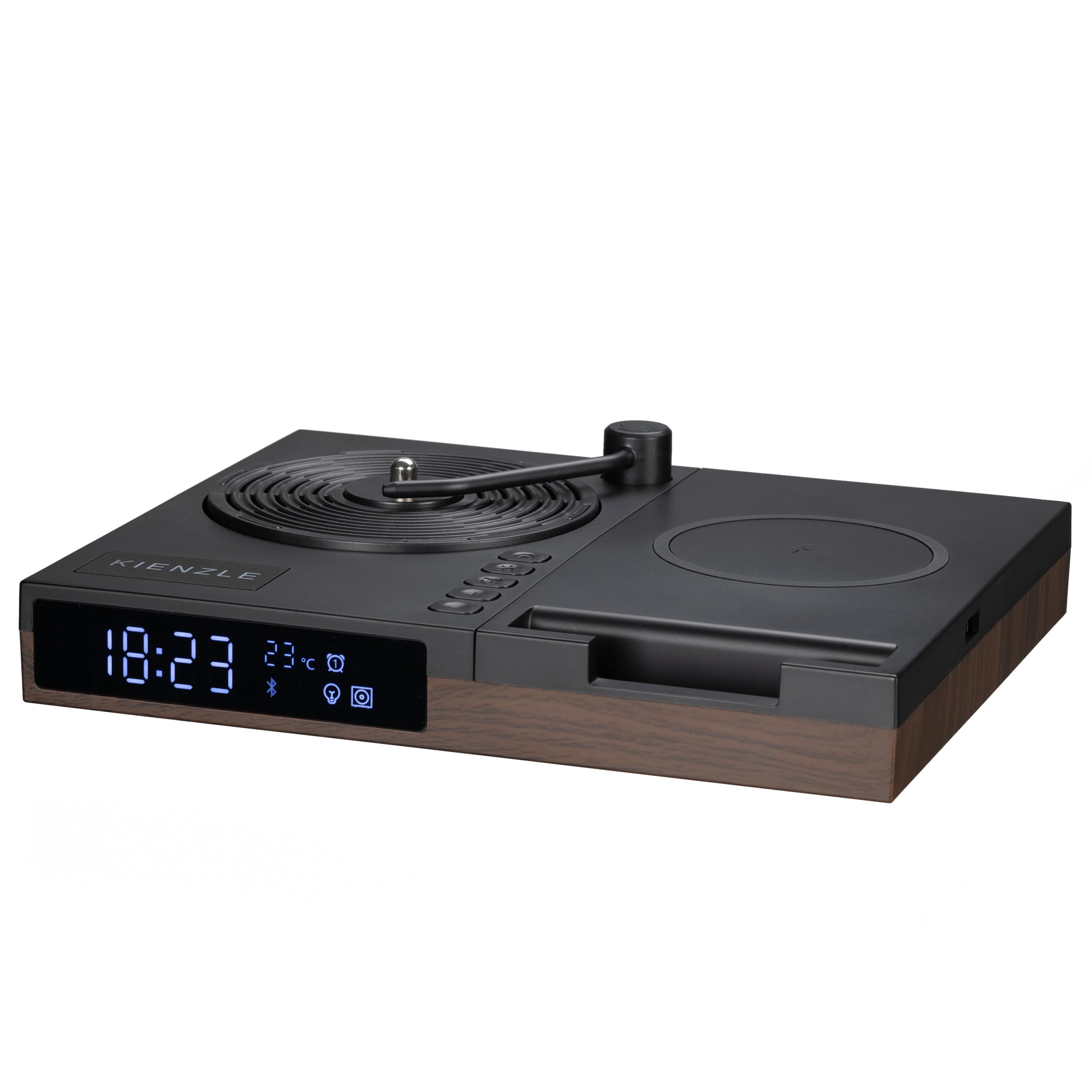Kienzle Despertador Retro con Altavoz Bluetooth y Carga inalámbrica 15 W | Diseño de tocadiscos, temperatura, dos alarmas, luz ambiental con tres niveles de brillo, soporte para móvil, adaptador