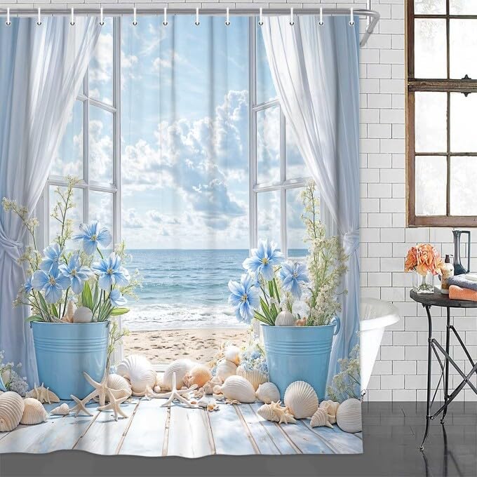 SAOLUIS Summer Beach Coastal Shower Curtain, Beach Ocean Shower Curtain Hawaiian Seaside Scenery Bathroom Curtain, Waterproof Summer Seaside Floral