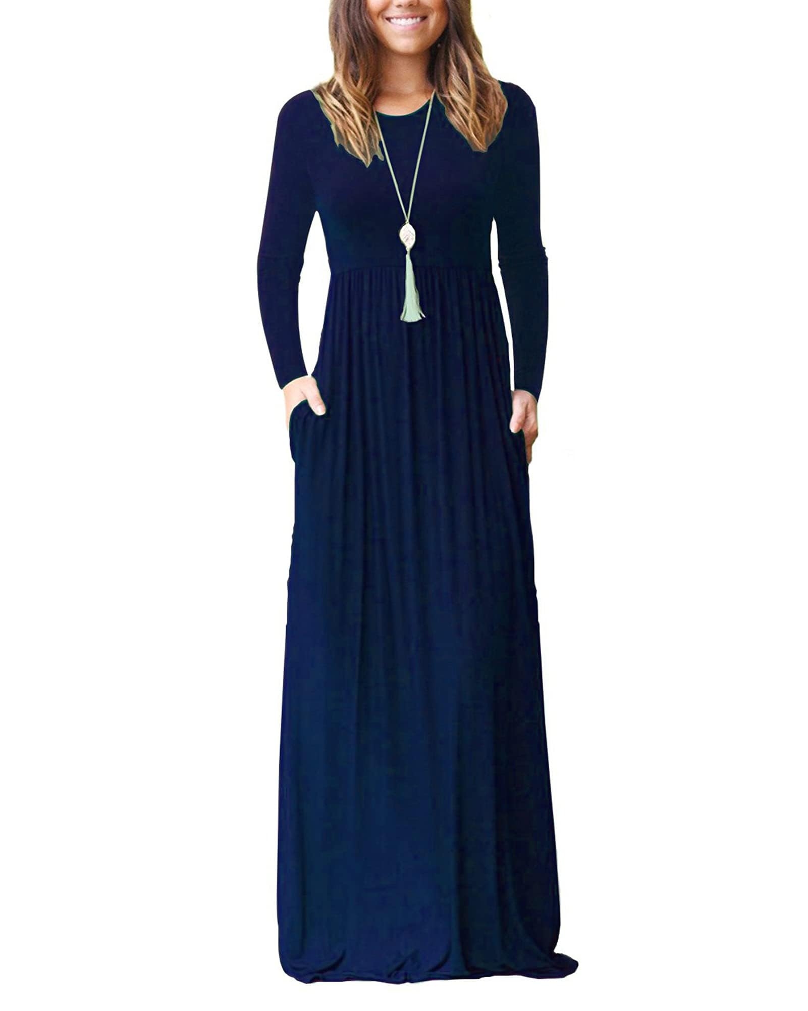 AUSELILY Women's Long Sleeve Dress Loose Plain Long Casual Maxi Dresses with Pockets 2025 New