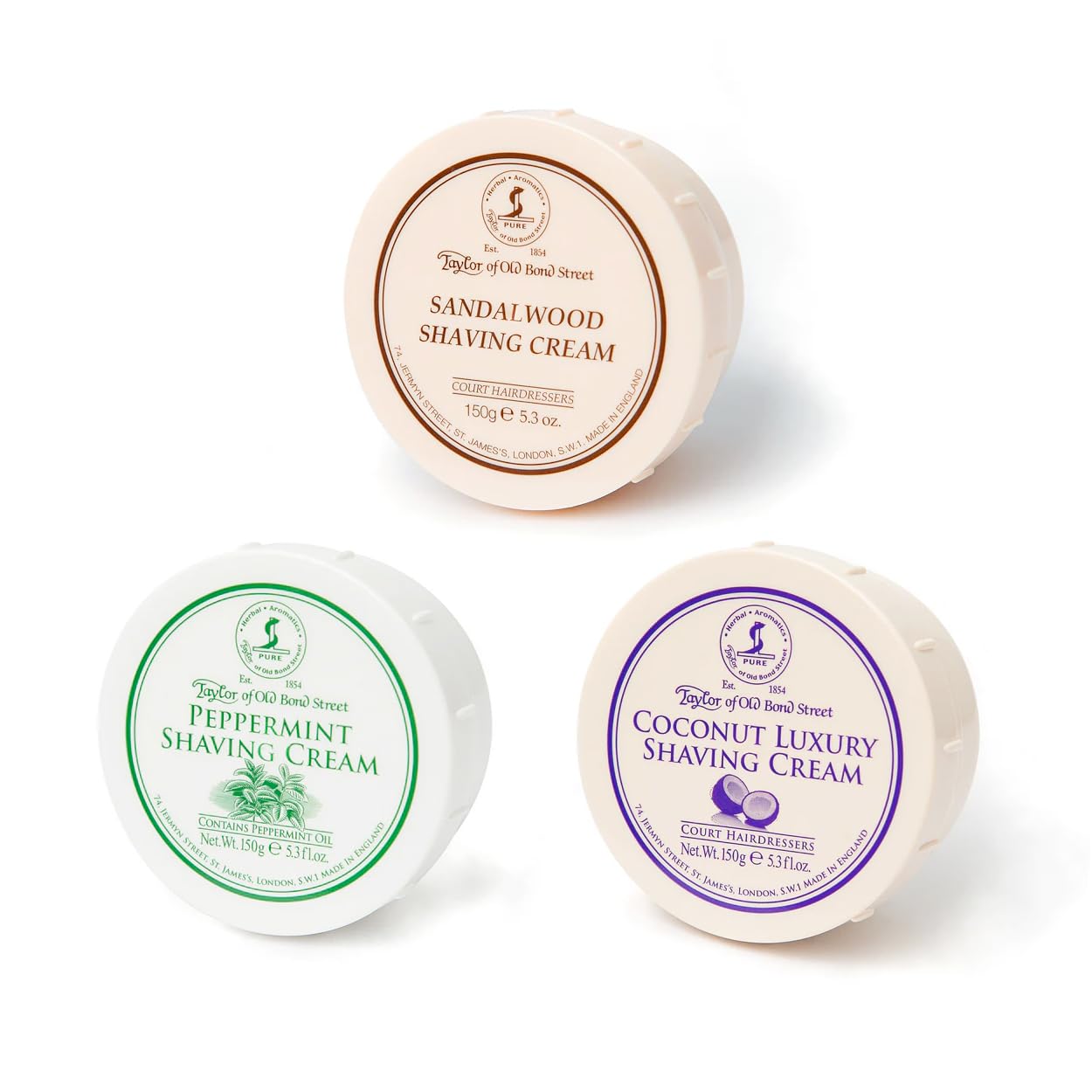 Taylor of Old Bond Street Luxury Shaving Cream Trio Sandalwood Peppermint Coconut 3 x 150g Bowls