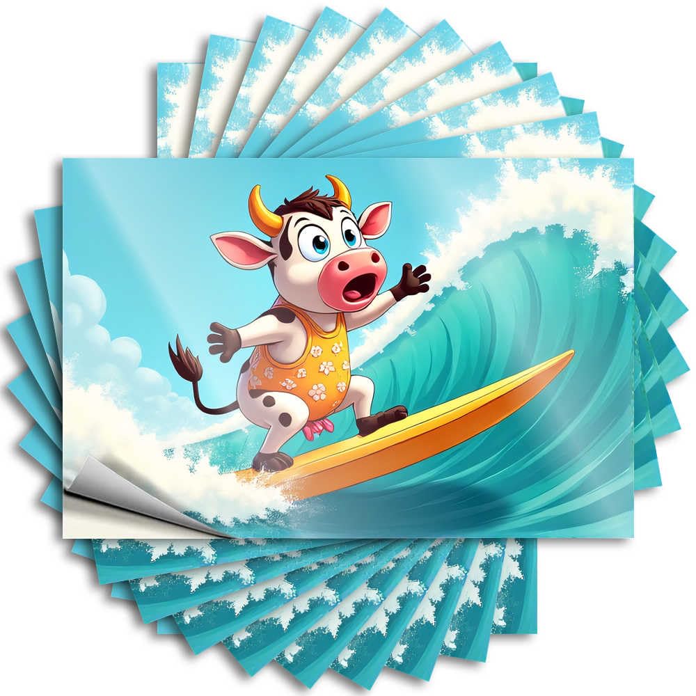 Fzfn Men's Colour Funny Sticker Room Accessories Vinyl Sticker | Surfing Cow In Floral Swimsuit Lover For Humor Use(8X12cm)