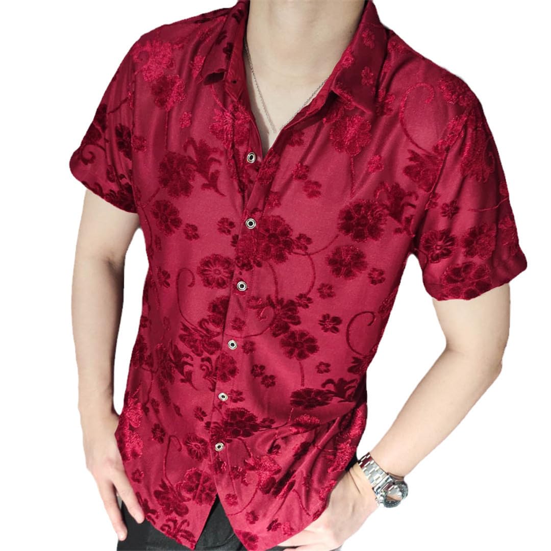 Yeuyyben Camicia Floreale Nera Trasparente da Uomo Camicia in Pile Sexy da Uomo Abbigliamento A Maniche Corte Vedere Attraverso La Camicia del Club Sociale