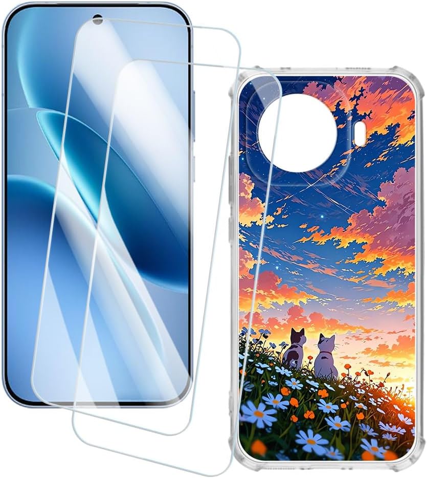 2 Pack Screen Protector + Case Compatible with Vivo iQOO Z11 Turbo 5G 6.59 inch Artistic Custom Print Cover and Tempered Glass Film Scratch Resistant Cat