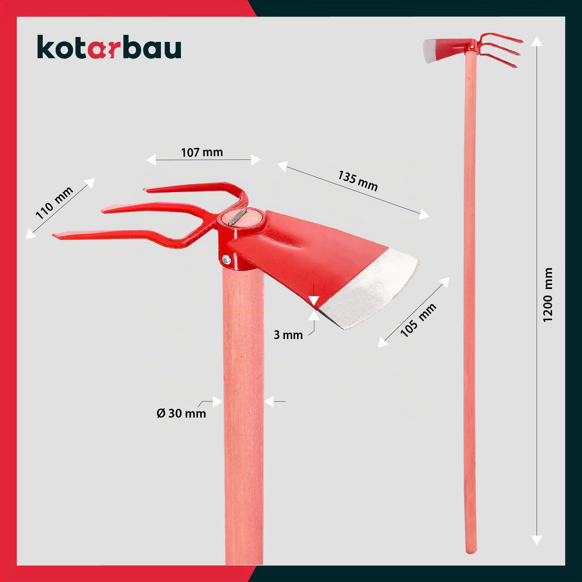 KOTARBAU® Azada de campo, 110 x 135 mm, con 3 dientes, 107 mm, de acero, mango de madera de 120 cm, azada doble, azada para plantar, herramienta de jardín para trasplantar, deshierbe, accesorios de