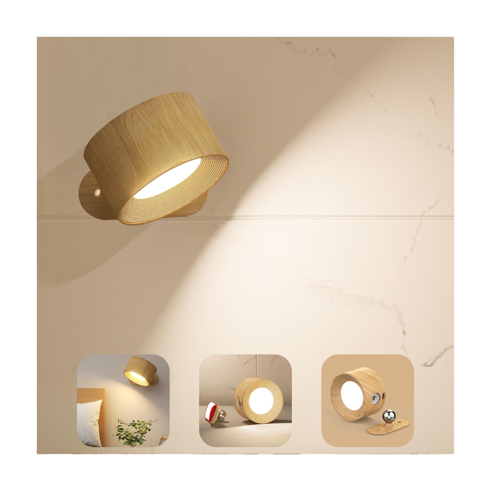 Wall Light LED Wall lamp with Rechargeable Battery Operated, Touch Control 3 Brightness Levels 3 Color Modes Wall Sconces 360° Free Rotation Mordern Dimmable for Living Room Bedrooms Woodgrain