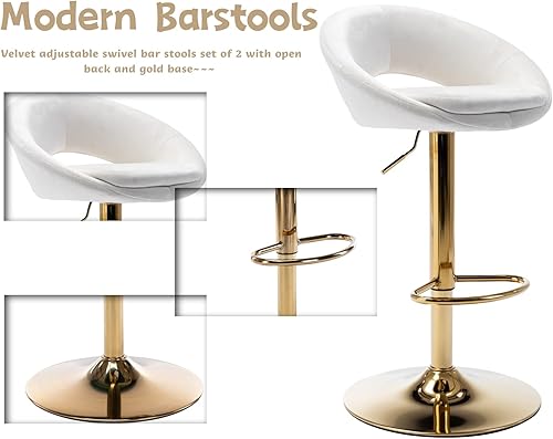 Miniatura 12 de Juego de 2 taburetes de bar giratorios de terciopelo con respaldo abierto, altura de barra ajustable tapizada, taburetes de bar modernos de altura