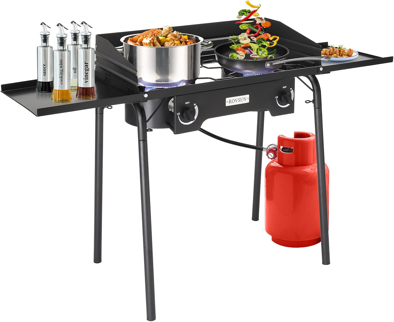 ROVSUN 2 Burner Gas Stove with Side Shelves, 150,000 BTU Portable